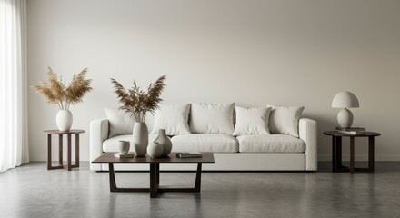 Minimalist living room with neutral tones and natural elements