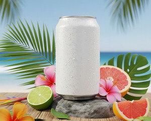 Tropical Beverage Can Mockup on Beach with Exotic Fruits and Palm Leaves