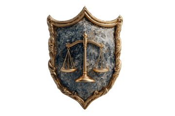 A metallic shield featuring a balanced scale emblem symbolizing justice.
