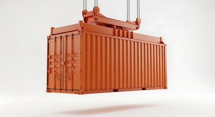 Isolated orange cargo container suspended by crane against white background
