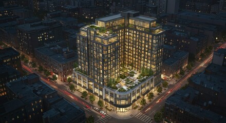 Night-lit, multi-story residential building with rooftop gardens, nestled in a city block
