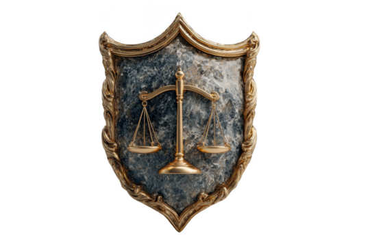 A metallic shield featuring a balanced scale emblem symbolizing justice.