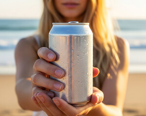Mockup Product Woman Holding Cold Beverage Can on the Beach – Refreshing Summer Drink Concept