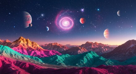 Vibrant, colorful alien landscape with multiple planets and a glowing celestial body in the night sky
