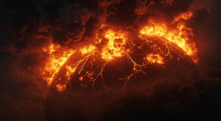 Fiery volcanic eruption, incandescent lava flows engulfing a dark planet, shrouded in ominous smoke and ash