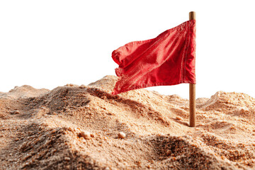 A red flag stands tall amidst a textured landscape of sand-like mounds, creating a striking visual contrast against a dark background.