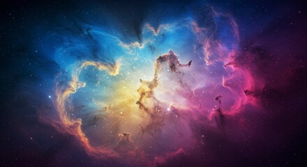 A vibrant nebula, swirling colors of blue, pink, and yellow, speckled with distant stars, creating a cosmic masterpiece