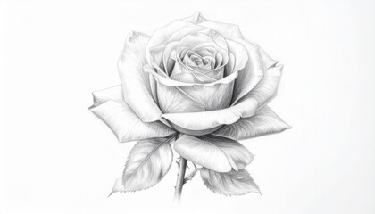 A meticulously rendered pencil sketch of a single rose, showcasing its delicate petals and leaves.