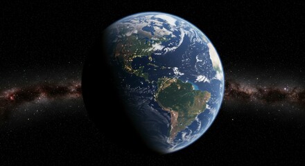 Earth's illuminated half, showing continents, clouds, and night.  Milky Way visible in background