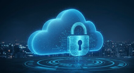 A glowing, digital cloud with a padlock icon against city lights. Cloud computing security, data protection theme