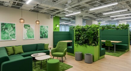 Modern office space with green accents, comfortable seating, and plants creating a calming and productive atmosphere