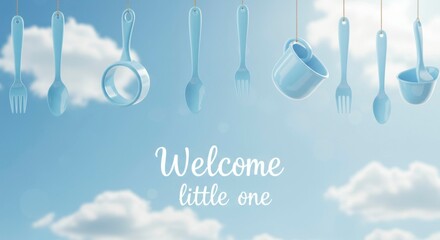 Baby shower invitation featuring light blue baby utensils hanging against a sunny sky backdrop, welcoming the new arrival