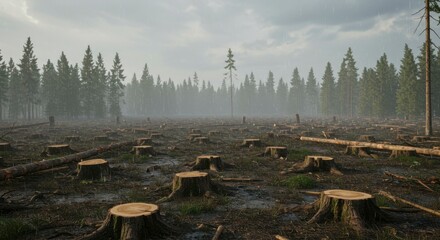 Deforested landscape showing stumps and felled trees amidst misty forest