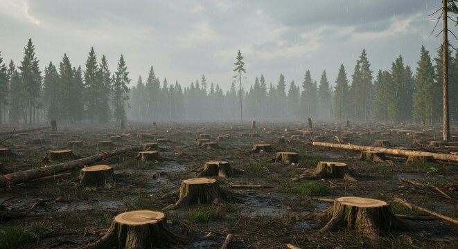 Deforested landscape showing stumps and felled trees amidst misty forest