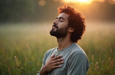 Man with curly hair practices mindfulness meditation outdoors in nature at sunset. Sits with eyes closed, hand on chest, seeking inner peace, calm. Serene green plants, warm sunlight create tranquil