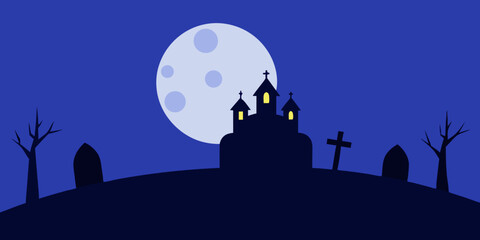 A Haunted Graveyard On A Hill Under A Full Moon In A Spooky And Eerie Night Scene