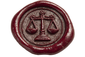 Wax seal featuring a scale symbolizing justice, embossed with intricate details.