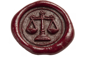 Wax seal featuring a scale symbolizing justice, embossed with intricate details.