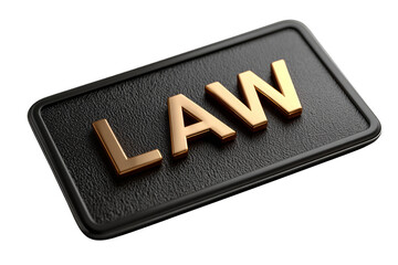 A metallic plaque with "LAW" embossed in gold letters on a textured black surface.