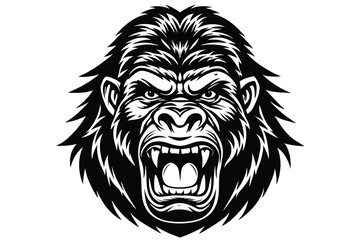 Ferocious gorilla roars with bared fangs, showcasing bold black outlines against white