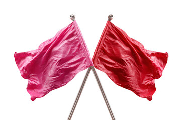 Two red flags crossed at their poles, showcasing vibrant colors and flowing fabric texture.