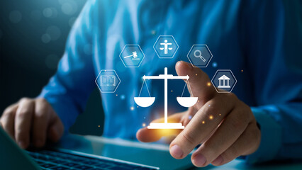 Legal advice business concept, businessman holding virtual global law for business legal advice, Regulations and laws, Labor law, Lawyer, Attorney at law, Advice on digital technology and business.