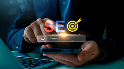 SEO Search Engine Analysis, Artificial Intelligence SEO Search Engine, businesswoman use SEO tools, dominate search engine rankings with strategic optimization techniques, digital marketing,