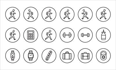 Fototapeta premium Walking person calculator dumbbell bottle smartwatch watch pill case luggage lock