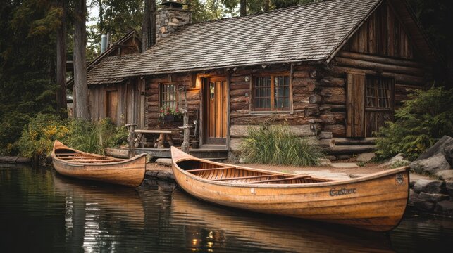 A lakeside log cabin with canoes, warm browns, nostalgic and adventurous