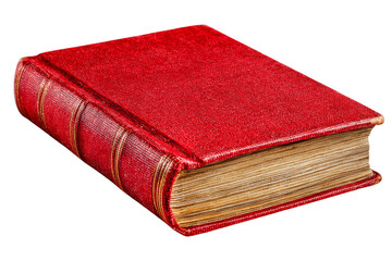 A vintage red book with a textured cover and visible pages, showcasing its worn edges and classic design.