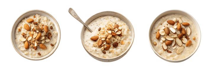 Three bowls of oatmeal with almonds isolated on transparent background