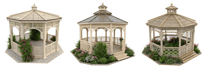 Obraz premium Set For different gazebos with plants isolated on transparent background