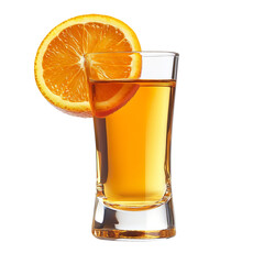 Shot glass of orange juice with citrus slice isolated on transparent background