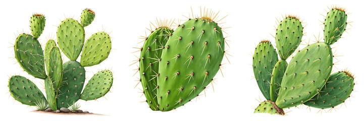 Set For prickly pear cactus plants isolated on transparent background
