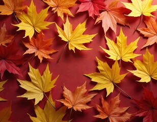 Scattered autumn maple leaves in vibrant red, yellow, and orange hues on deep red background. Seasonal display features distinct five-lobed shape of maple leaves, creating natural, decorative pattern.
