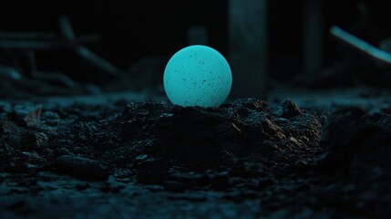 A blue egg sits on a pile of dirt.