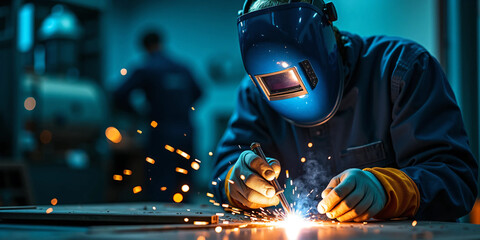 Close-up of industrial welder at work creating bright electric sparks while fusing metal in a modern fabrication workshop with protective gear, cinematic lighting, and intense manual precision