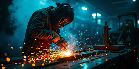 Close-up of industrial welder at work creating bright electric sparks while fusing metal in a modern fabrication workshop with protective gear, cinematic lighting, and intense manual precision