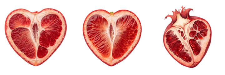 Set For blood orange heart halves isolated on transparent background