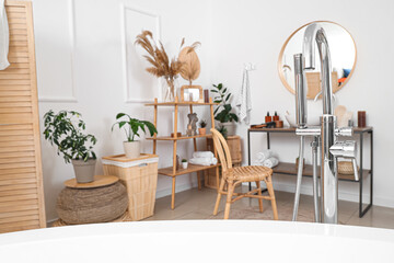 White bathtub in light bathroom, closeup