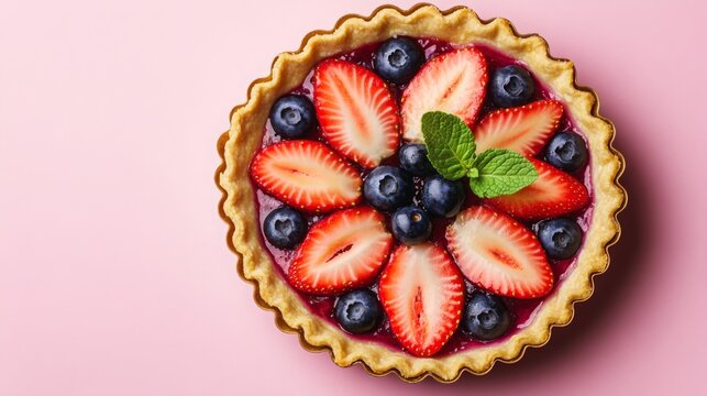 Delicious berry tart with strawberries and blueberries arranged on top for a colorful dessert display