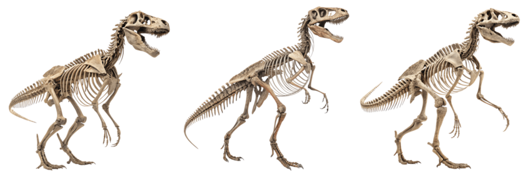 Set For Three dinosaur skeletons isolated on transparent background