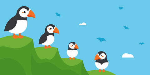 A Puffin Colony On A Grassy Sea Cliff In A Cute And Wild And Natural Life Scene