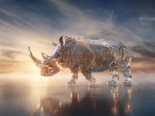 Fototapeta premium Majestic Rhinoceros Sculpture in Ethereal Glass at Sunset