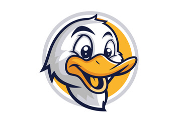 Cute duck cartoon character smiles with a yellow background making a funny face