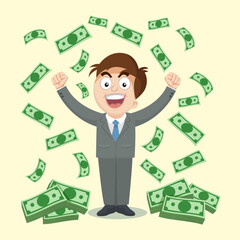 Happy man enjoying the rain of money. Power of money. Illustration, Cartoon, Vector.