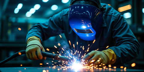 Close-up of industrial welder at work creating bright electric sparks while fusing metal in a modern fabrication workshop with protective gear, cinematic lighting, and intense manual precision