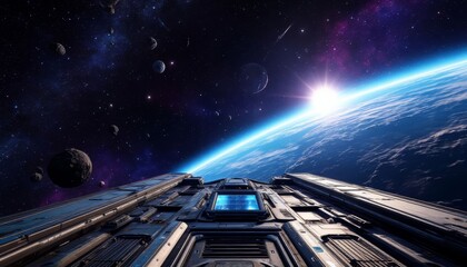 A stunning view of deep space showcasing a spaceship overlooking a vibrant Earth. The scene fills with asteroids and celestial bodies, enhanced by the glowing sun rising, radiating light. 3D, 4K.