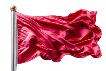 A flowing red flag with a shiny surface, displaying texture and movement.