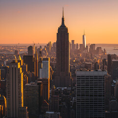 Golden Hour Cityscape with Warm Sunset Glow and Vibrant Skyline Shadows